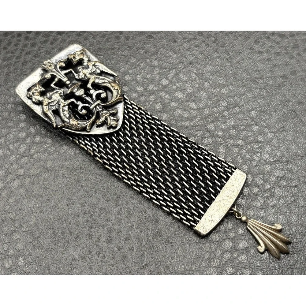 Vintage Victorian Revival Dragon Silver Tone Ornate Baroque Mesh Brooch Pin